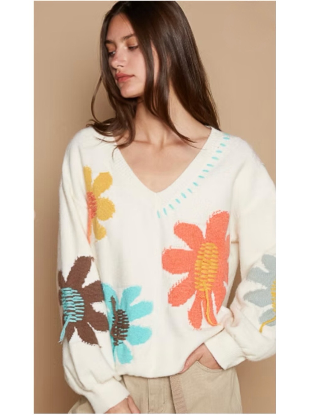 New: POL “Good Mood” Embroidered Floral Patchwork Fringe Detail Boho Sweater• S